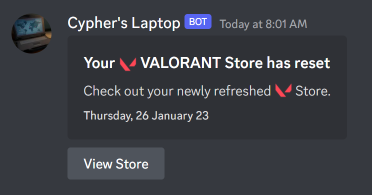 A reminder message saying your VALORANT Store has reset