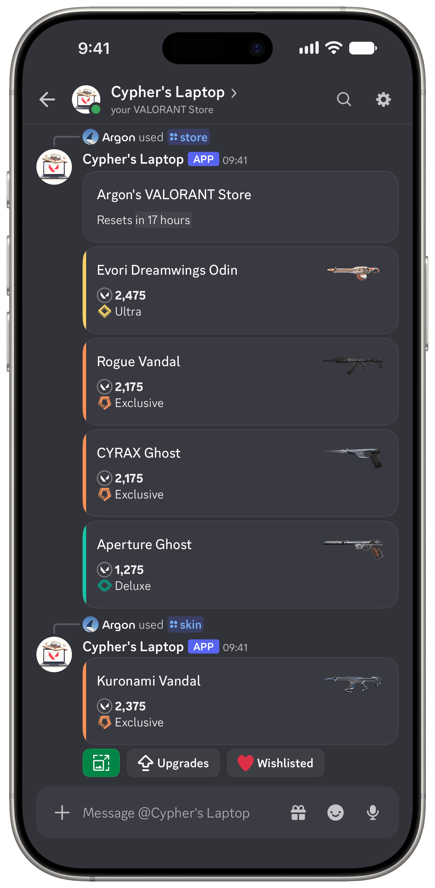 Cypher's Laptop showing a VALORANT Store and a skin lookup in Discord on a phone