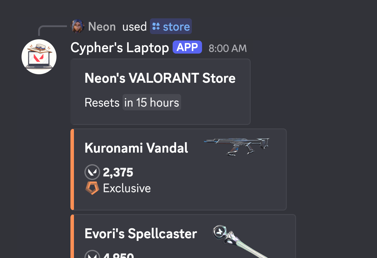 The /store command showing an Ion Karambit for 4,350 VP