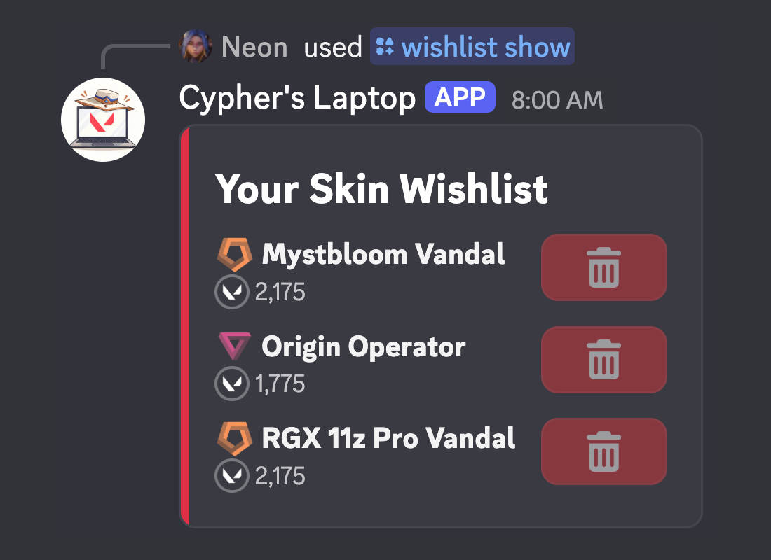 A wishlist with four skins on it